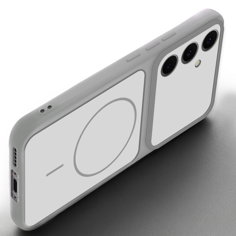 Angled view of Grey-White mobile case for Samsung S24 FE 5G with proper charging port cutout, speaker holes and strong corner protection.