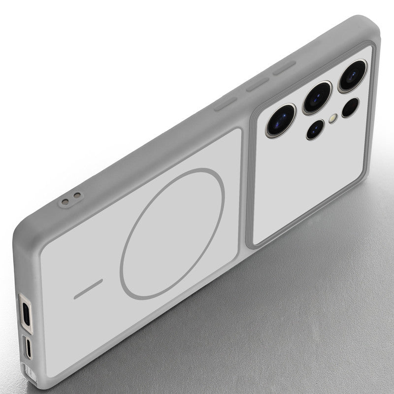 Angled view of Grey-White mobile case for Samsung S24 Ultra 5G with proper charging port cutout, speaker holes and strong corner protection.