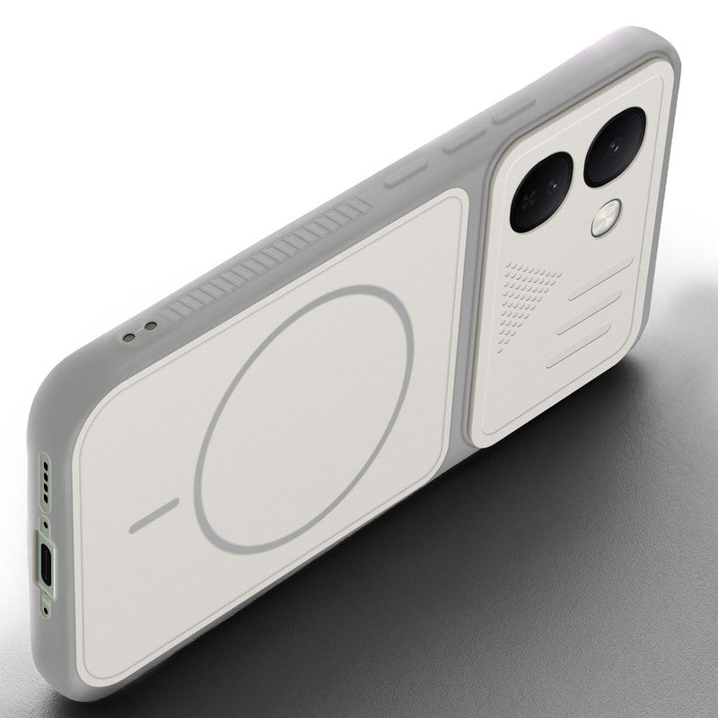 Angled view of Grey-White mobile case for Vivo S2 FE 5G with proper charging port cutout, speaker holes and strong corner protection.