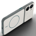 Angled view of Grey-White mobile case for Vivo T2x 5G with proper charging port cutout, speaker holes and strong corner protection.