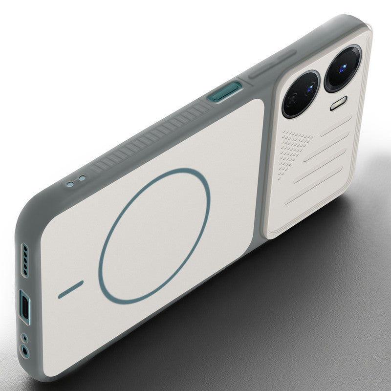 Angled view of Grey-White mobile case for Vivo T2x 5G with proper charging port cutout, speaker holes and strong corner protection.