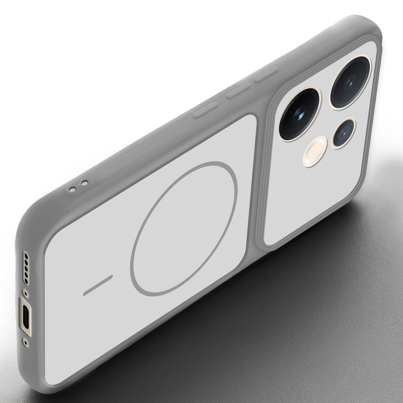 Angled view of Grey-White mobile case for Vivo T4 Pro 5G with proper charging port cutout, speaker holes and strong corner protection.