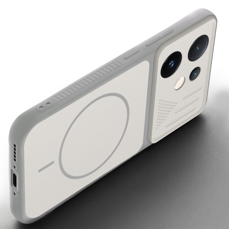 Angled view of Grey-White mobile case for Vivo T4 Pro 5G with proper charging port cutout, speaker holes and strong corner protection.