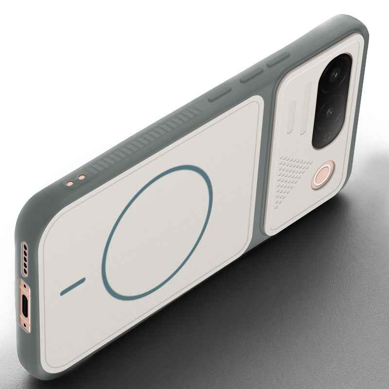Angled view of Grey-White mobile case for Vivo T5 5G with proper charging port cutout, speaker holes and strong corner protection.
