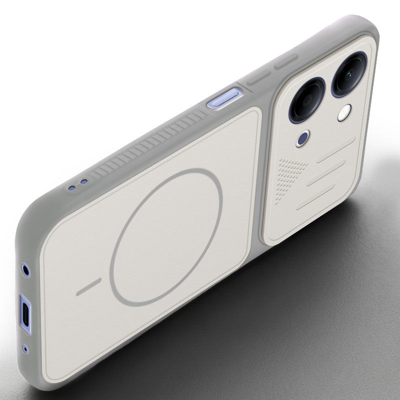 Angled view of Grey-White mobile case for Vivo T5 Lite 5G with proper charging port cutout, speaker holes and strong corner protection.