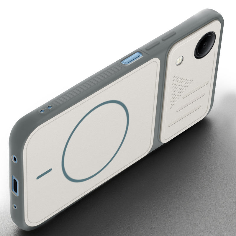 Angled view of Grey-White mobile case for Vivo T5e 5G with proper charging port cutout, speaker holes and strong corner protection.