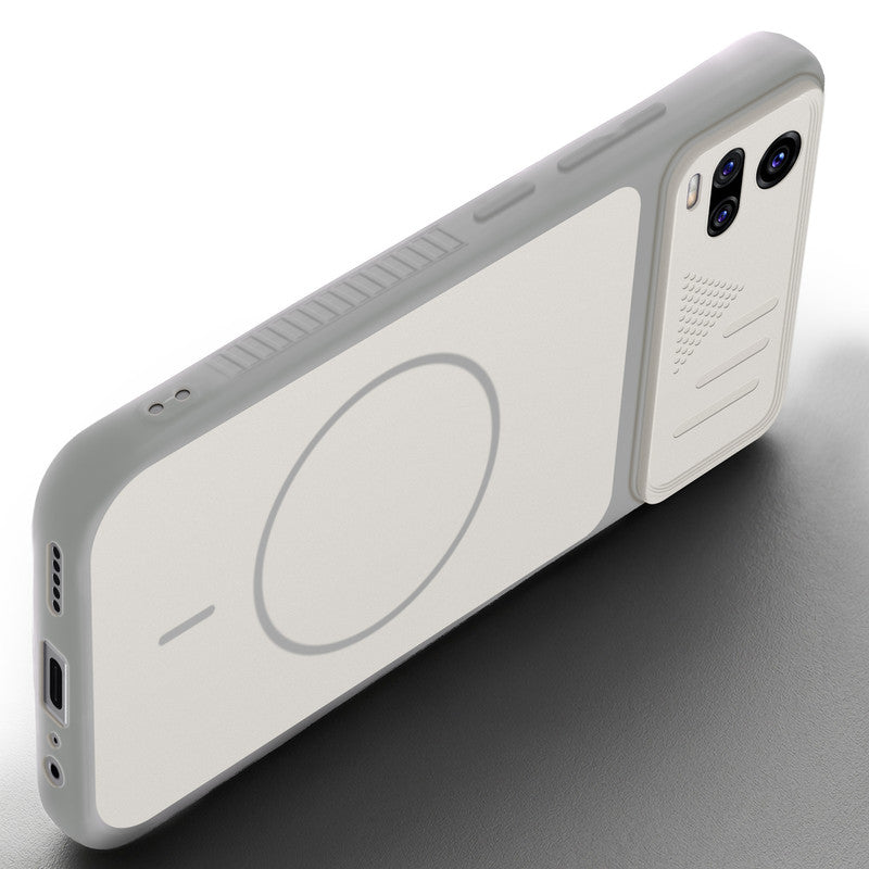 Angled view of Grey-White mobile case for Vivo V20 with proper charging port cutout, speaker holes and strong corner protection.