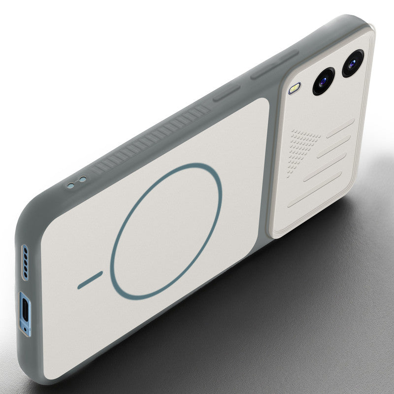 Angled view of Grey-White mobile case for Vivo V21e 5G with proper charging port cutout, speaker holes and strong corner protection.