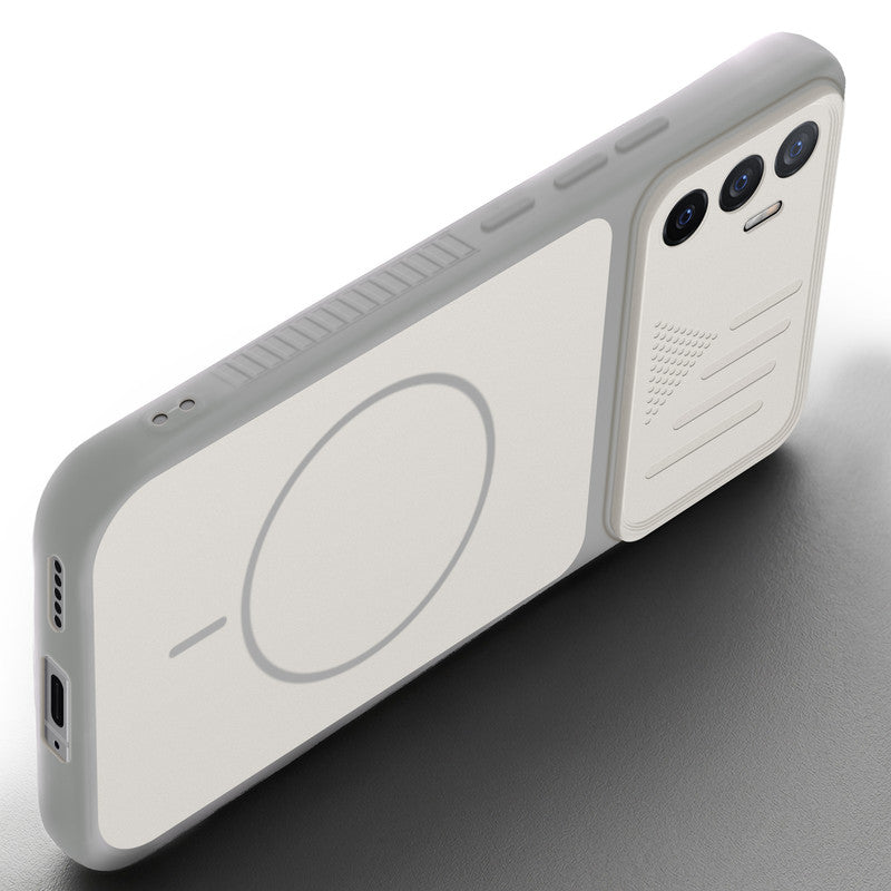 Angled view of Grey-White mobile case for Vivo V23e 5G with proper charging port cutout, speaker holes and strong corner protection.