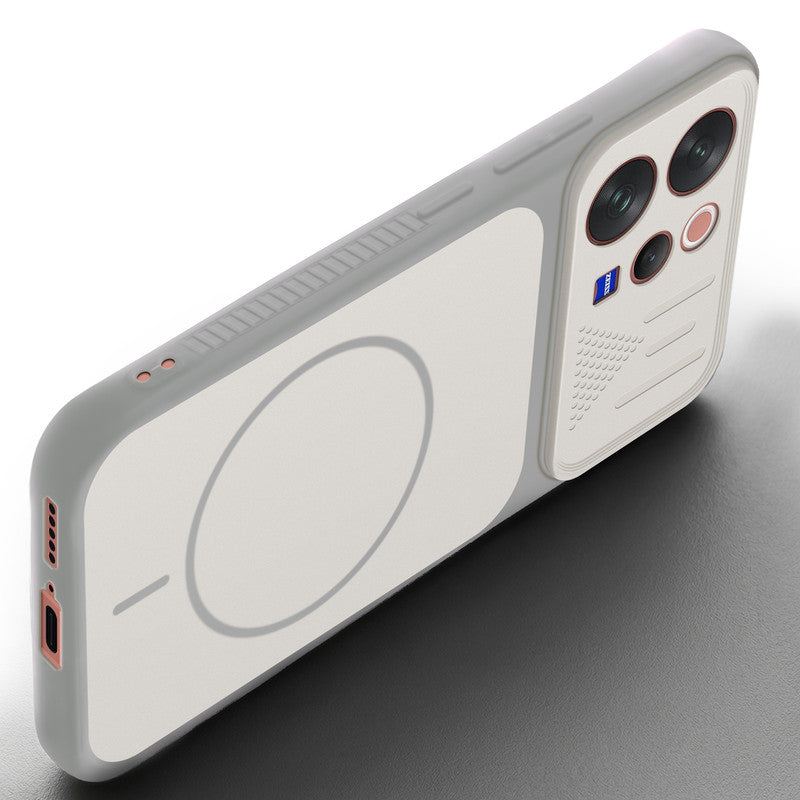 Angled view of Grey-White mobile case for Vivo V70 Elite 5G with proper charging port cutout, speaker holes and strong corner protection.