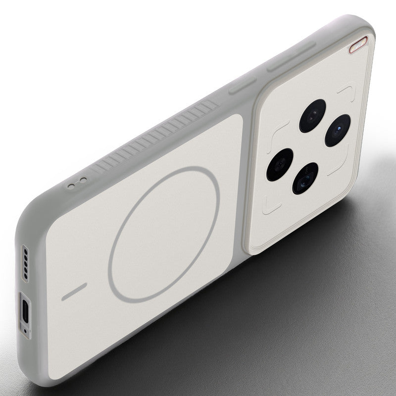 Angled view of Grey-White mobile case forMotorola Vivo X300 5G with proper charging port cutout, speaker holes and strong corner protection.