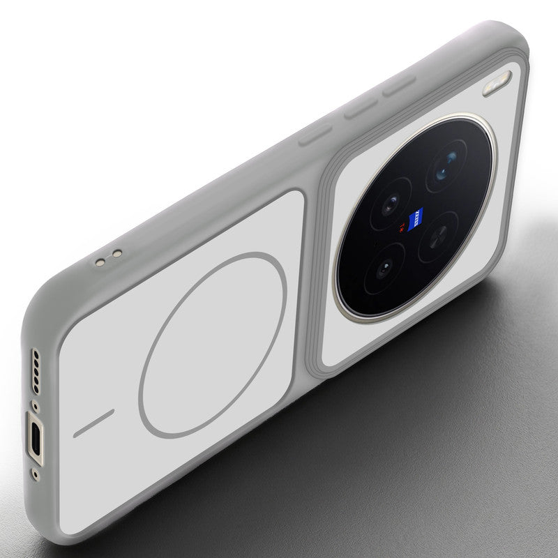 Angled view of Grey-White mobile case for Vivo X300 Pro 5G with proper charging port cutout, speaker holes and strong corner protection.