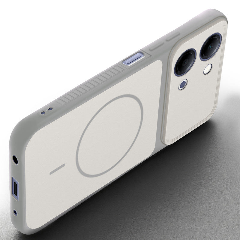 Angled view of Grey-White mobile case for Vivo Y05 4G with proper charging port cutout, speaker holes and strong corner protection.