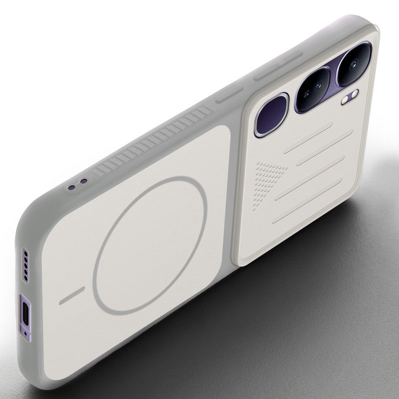Angled view of Grey-White mobile case for Vivo Y300 5G with proper charging port cutout, speaker holes and strong corner protection.
