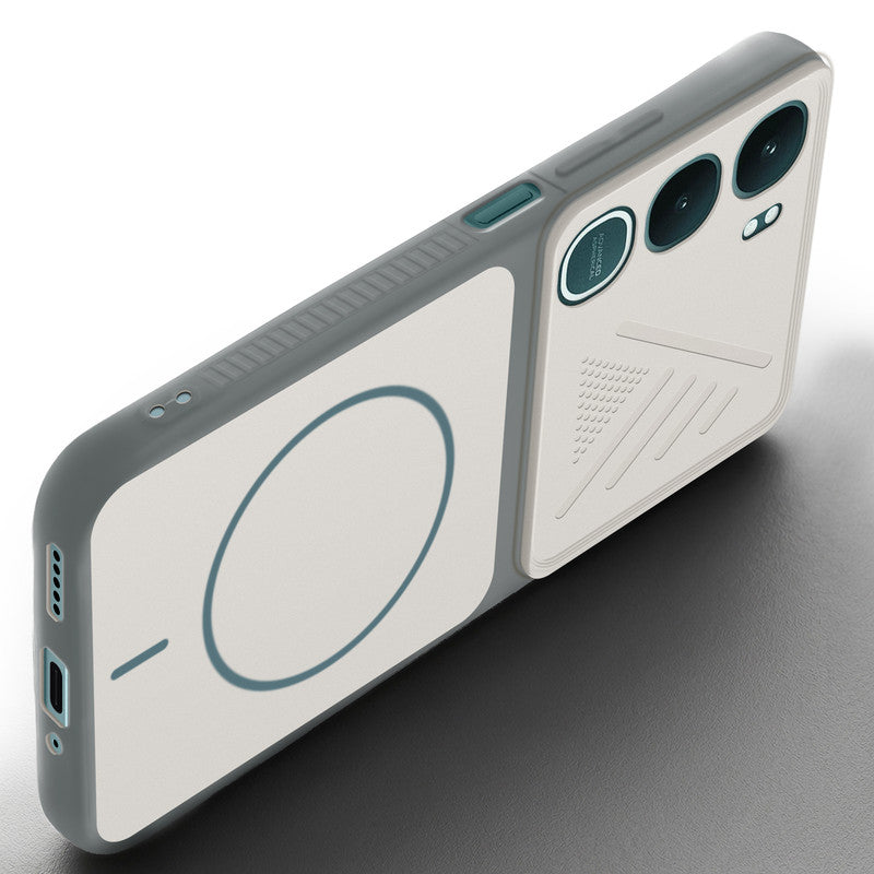 Angled view of Grey-White mobile case for Vivo Y31 Pro 5G with proper charging port cutout, speaker holes and strong corner protection.