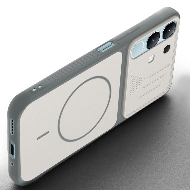 Angled view of Grey-White mobile case for Vivo Y31 5G with proper charging port cutout, speaker holes and strong corner protection.