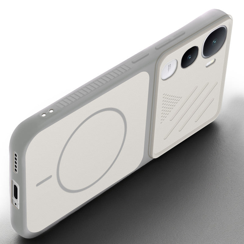Angled view of Grey-White mobile case for Vivo Y400 5G with proper charging port cutout, speaker holes and strong corner protection.