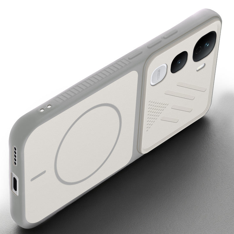 Angled view of Grey-White mobile case for Vivo Y400 Pro 5G with proper charging port cutout, speaker holes and strong corner protection.