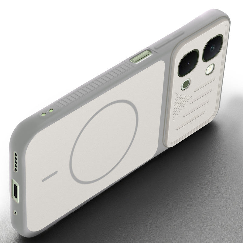 Angled view of Grey-White mobile case for Vivo Y51 Pro 5G with proper charging port cutout, speaker holes and strong corner protection.