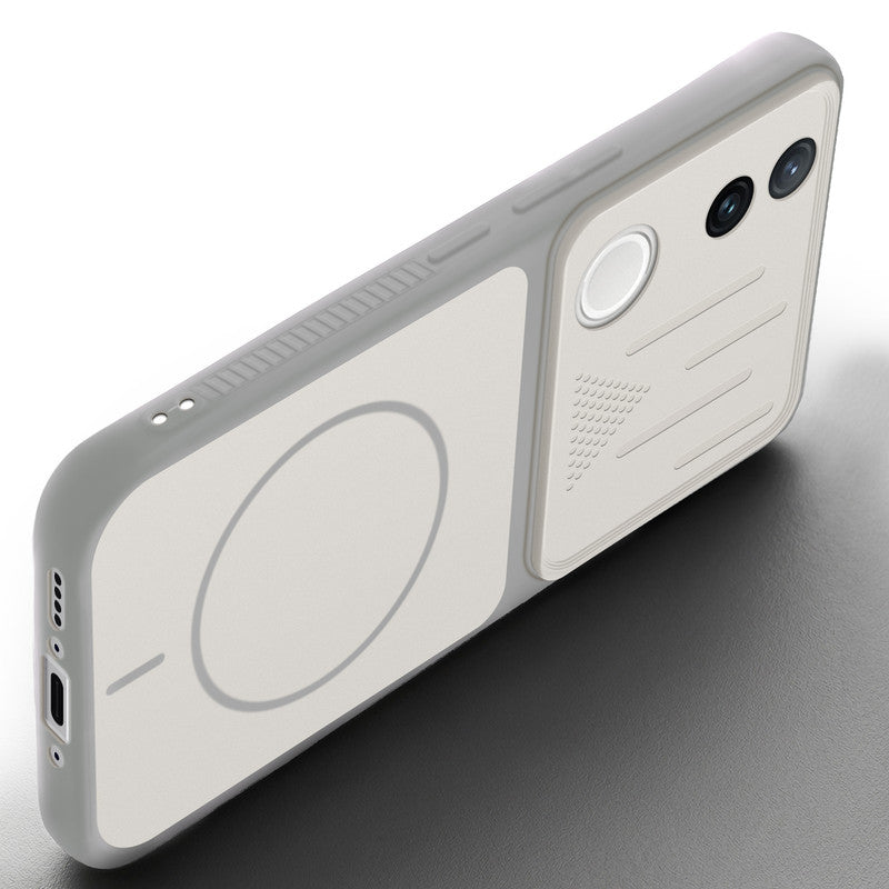 Angled view of Grey-White mobile case for iQOO Z10R 5G with proper charging port cutout, speaker holes and strong corner protection.