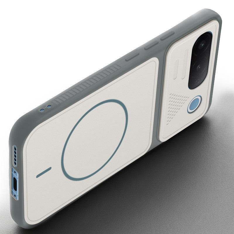 Angled view of Grey-White mobile case for iQOO Z11 5G with proper charging port cutout, speaker holes and strong corner protection.