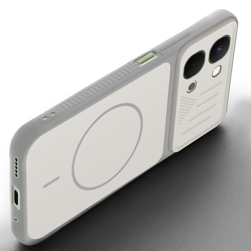 Angled view of Grey-White mobile case for iQOO Z11x 5G with proper charging port cutout, speaker holes and strong corner protection.