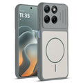 Front and back view of Grey-White protective back cover for Motorola G37 Power 5G with textured sides, camera guard and slim fit design.