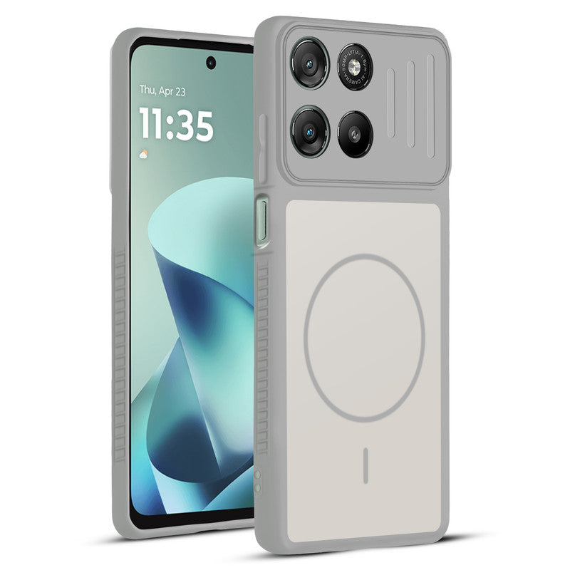 Front and back view of Grey-White protective back cover for Motorola G57 Power 5G with textured sides, camera guard and slim fit design.