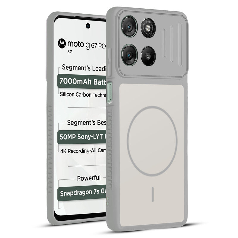 Front and back view of Grey-White protective back cover for Motorola G67 Power 5G with textured sides, camera guard and slim fit design.