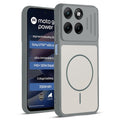 Front and back view of Grey-White protective back cover for Motorola G77 Power 5G with textured sides, camera guard and slim fit design.