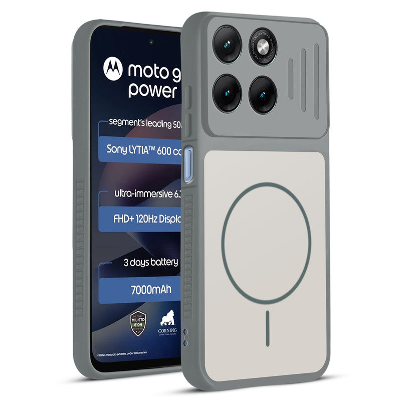 Front and back view of Grey-White protective back cover for Motorola G77 Power 5G with textured sides, camera guard and slim fit design.