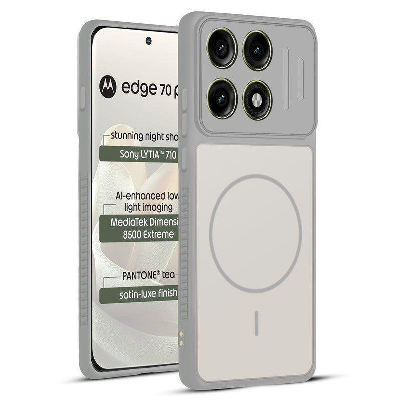 Front and back view of Grey-White protective back cover for Motorola Moto Edge 70 Pro 5G with textured sides, camera guard and slim fit design.