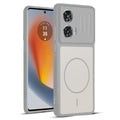 Front and back view of Grey-White protective back cover for Motorola Moto G85 5G with textured sides, camera guard and slim fit design.