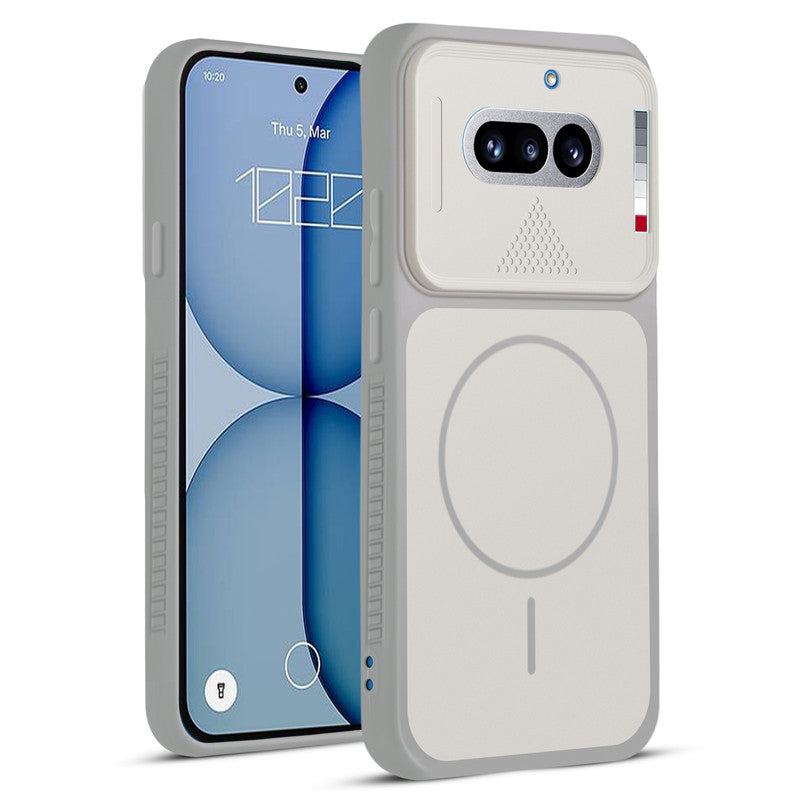 Front and back view of Grey-White protective back cover for Nothing Phone 4A 5G with textured sides, camera guard and slim fit design.