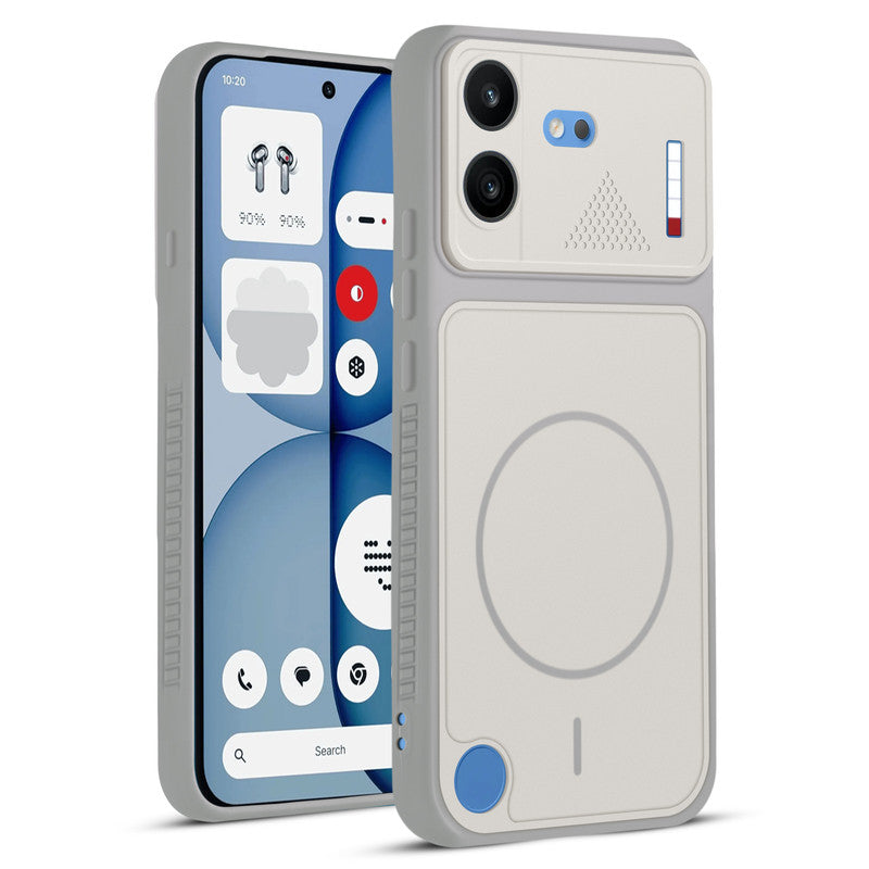 Front and back view of Grey-White protective back cover for Nothing Phone 4B 5G with textured sides, camera guard and slim fit design.