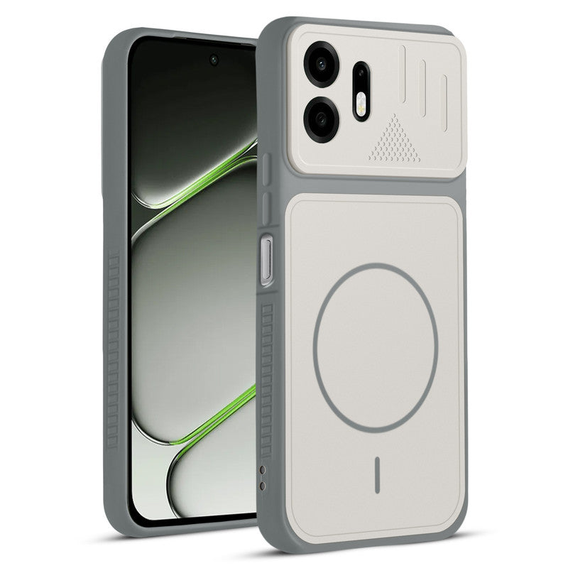 Front and back view of Grey-White protective back cover for OnePlus N6 5G with textured sides, camera guard and slim fit design.
