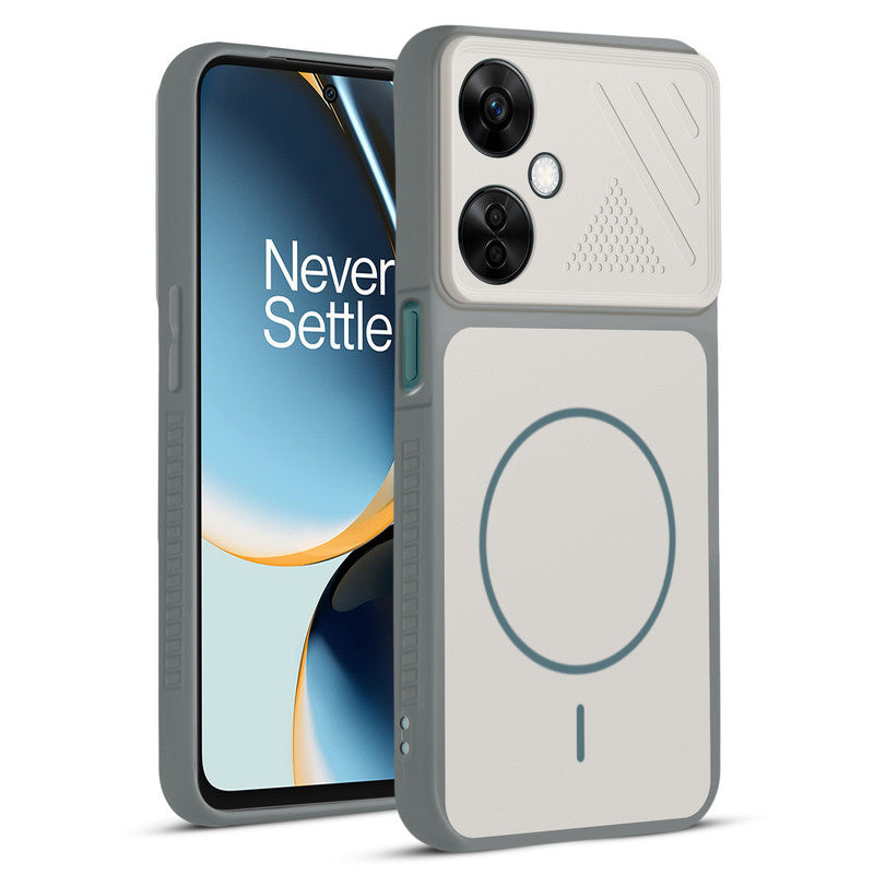 Front and back view of Grey-White protective back cover for OnePlus Nord CE 3 Lite 5G with textured sides, camera guard and slim fit design.