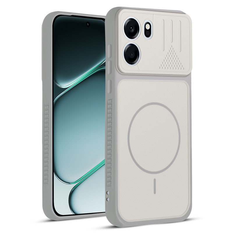 Front and back view of Grey-White protective back cover for OnePlus Nord CE 6 5G with textured sides, camera guard and slim fit design.