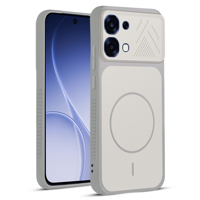 Front and back view of Grey-White protective back cover for Oppo F31 5G with textured sides, camera guard and slim fit design.