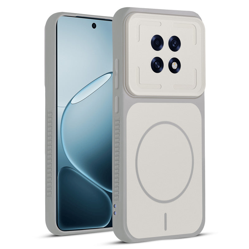 Front and back view of Grey-White protective back cover for Oppo F31 Pro Plus 5G with textured sides, camera guard and slim fit design.