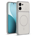 Front and back view of Grey-White protective back cover for Oppo F33 5G with textured sides, camera guard and slim fit design.