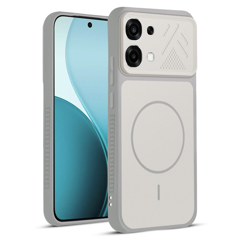Front and back view of Grey-White protective back cover for Oppo F33 5G with textured sides, camera guard and slim fit design.