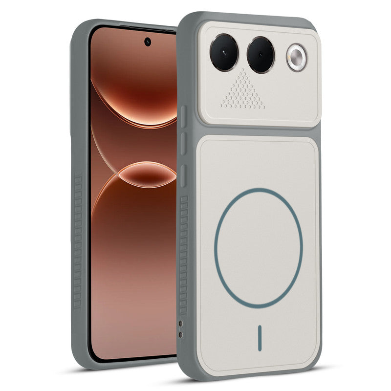 Front and back view of Grey-White protective back cover for Oppo F35 5G with textured sides, camera guard and slim fit design.
