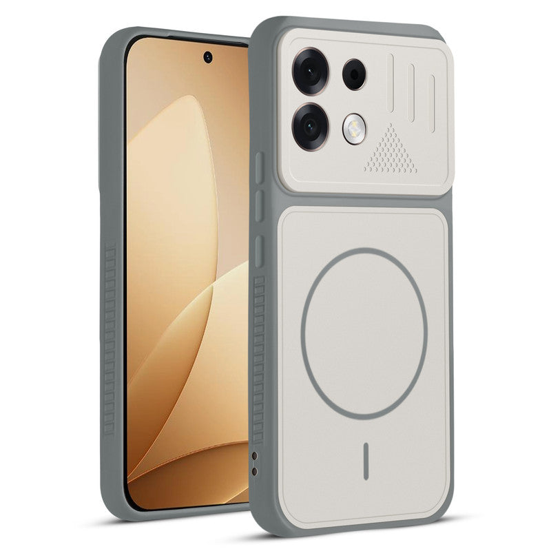Front and back view of Grey-White protective back cover for Oppo F35 Pro 5G with textured sides, camera guard and slim fit design.