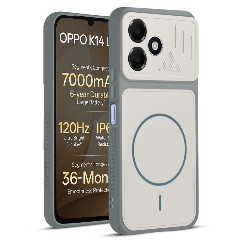 Front and back view of Grey-White protective back cover for OPPO K14 Lite 5G with textured sides, camera guard and slim fit design.