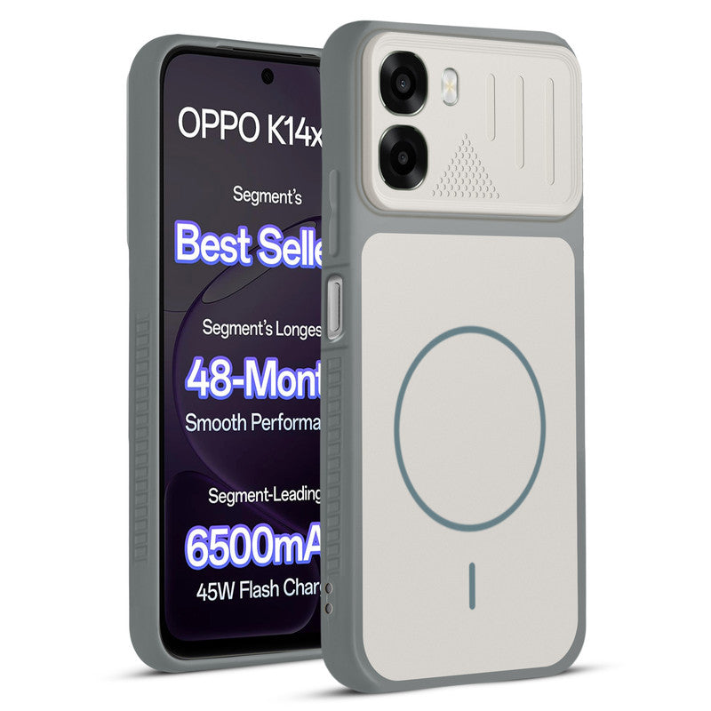 Front and back view of Grey-White protective back cover for Oppo K14x 5G with textured sides, camera guard and slim fit design.