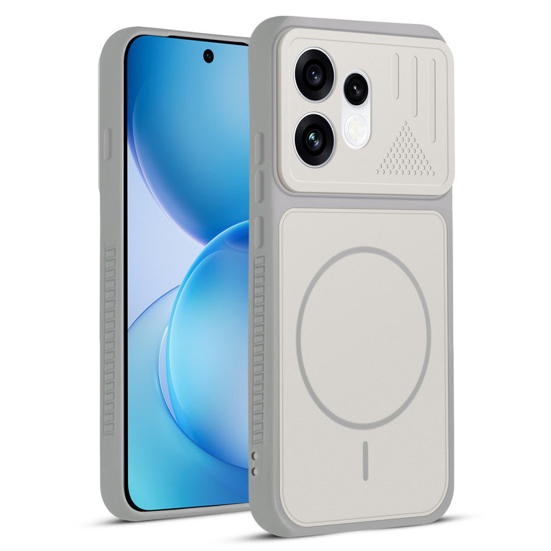 Front and back view of Grey-White protective back cover for Oppo Reno 16 5G with textured sides, camera guard and slim fit design.