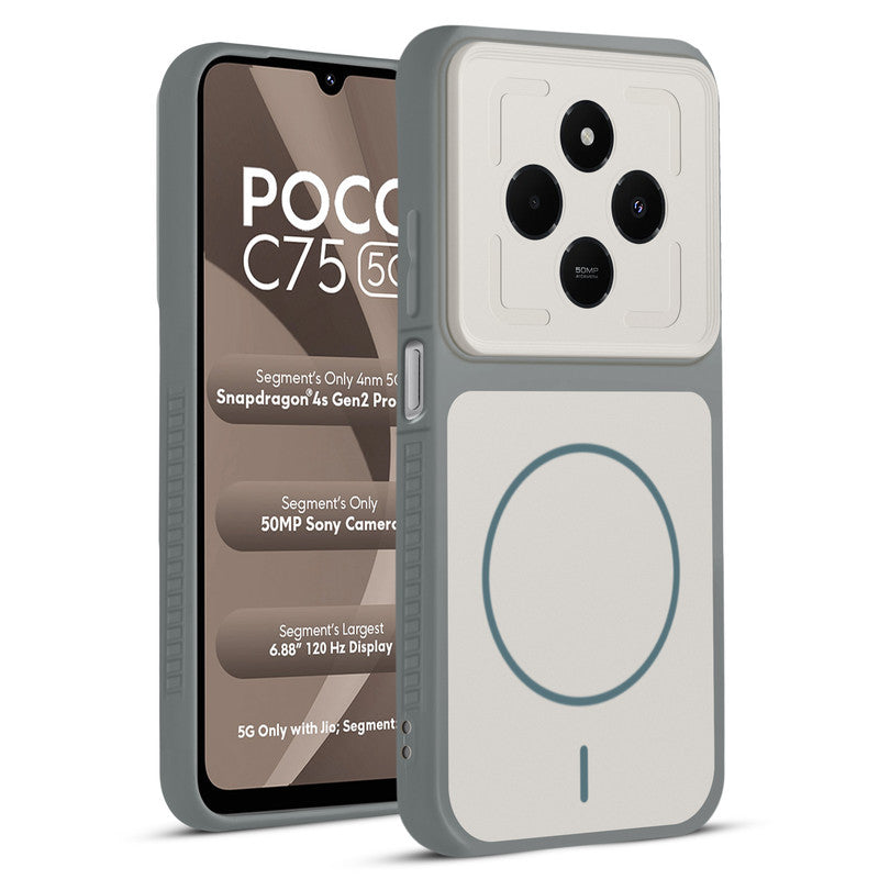 Front and back view of Grey-White protective back cover for Poco C75 5G with textured sides, camera guard and slim fit design.