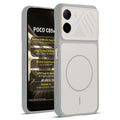 Front and back view of Grey-White protective back cover for Poco C85x 5G with textured sides, camera guard and slim fit design.