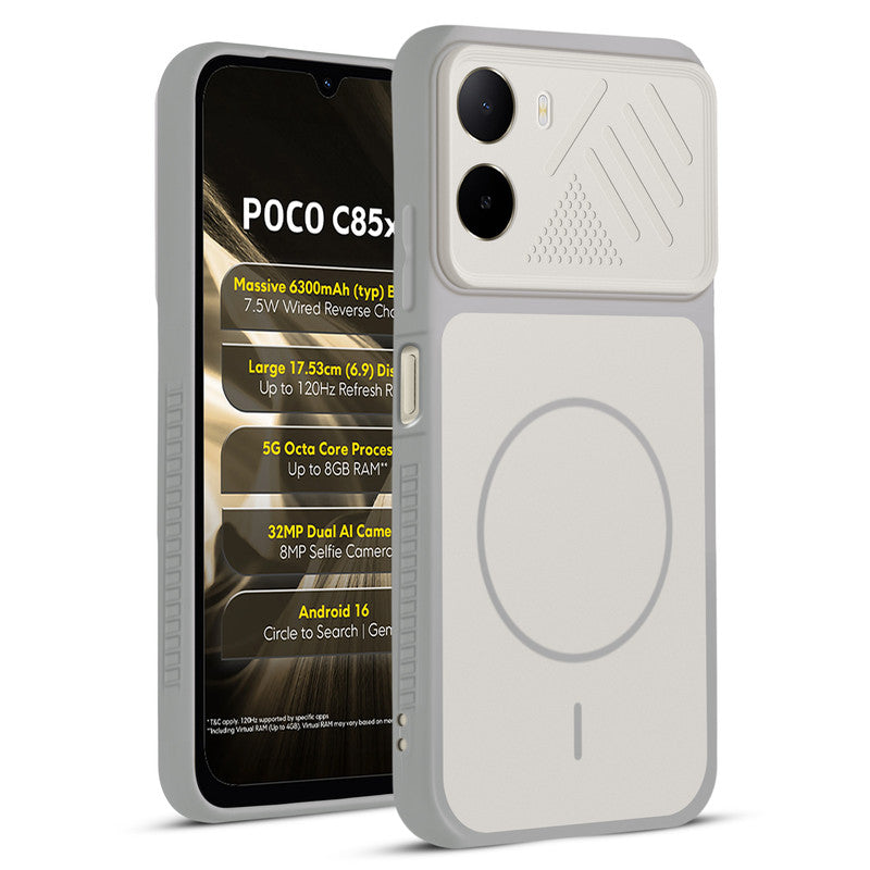 Front and back view of Grey-White protective back cover for Poco C85x 5G with textured sides, camera guard and slim fit design.